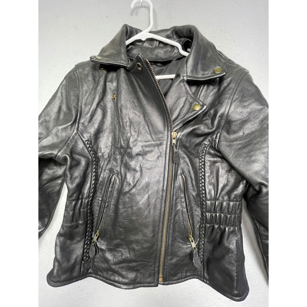 Unbranded Biker Jacket Genuine Leather Black Braided Trim Small Womens